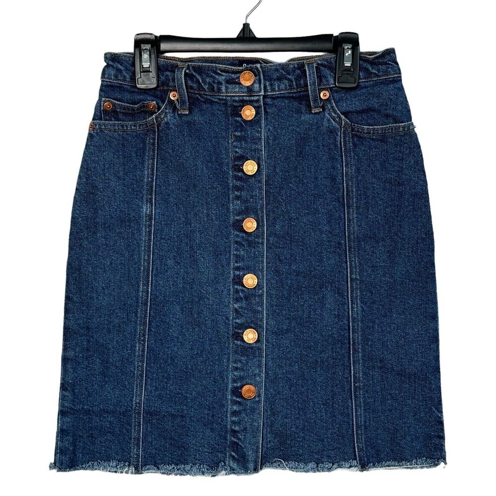 Gap SZ 25 Denim Jean Mini Skirt Button-Front Pockets Frayed Hem Medium Wash Blue